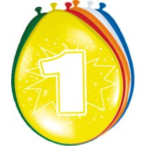 1-es számmal printelt vegyes szülinapi lufi, 8 db/csomag