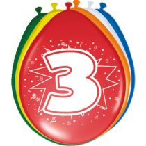 3-as számmal printelt vegyes szülinapi lufi, 8 db/csomag
