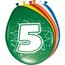 5-ös számmal printelt vegyes szülinapi lufi, 8 db/csomag