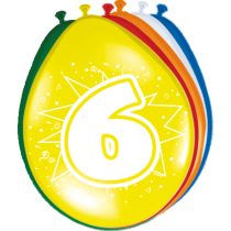6-os számmal printelt vegyes szülinapi lufi, 8 db/csomag