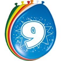 9-es számmal printelt vegyes szülinapi lufi, 8 db/csomag