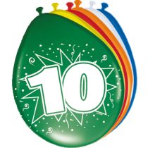 10-es számmal printelt vegyes szülinapi lufi, 8 db/csomag