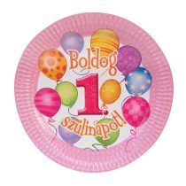   Boldog 1. Szülinapot! rózsaszín papír tányér, 6 db/csomag