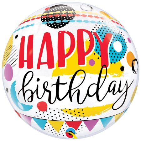 56 cm-es színes pöttyös Happy Birthday Bubble lufi