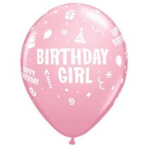 28 cm-es rózsaszín Birthday Girl lufi, 6 db/csomag