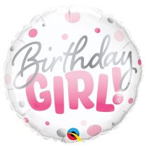 46 cm-es rózsaszín pöttyös Birthday Girl! fólia lufi