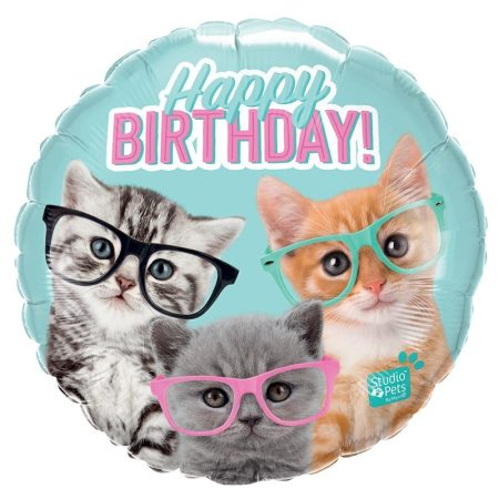 46 cm-es szemüveges cicás Happy Birthday fólia lufi