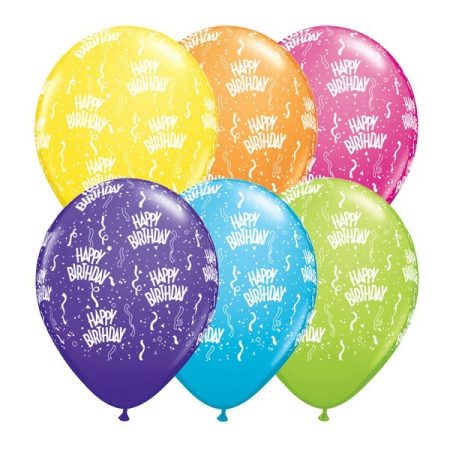 28 cm-es szerpentines lufi Happy Birthday felirattal, 6 db/csomag