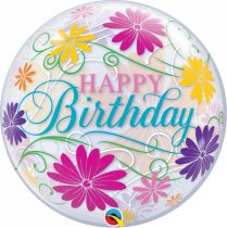 56 cm-es virágos Happy Birthday Bubble lufi