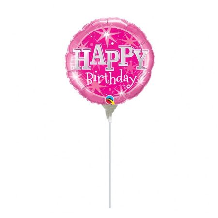 23 cm-es rózsaszín Happy Birthday fólia lufi pálcán