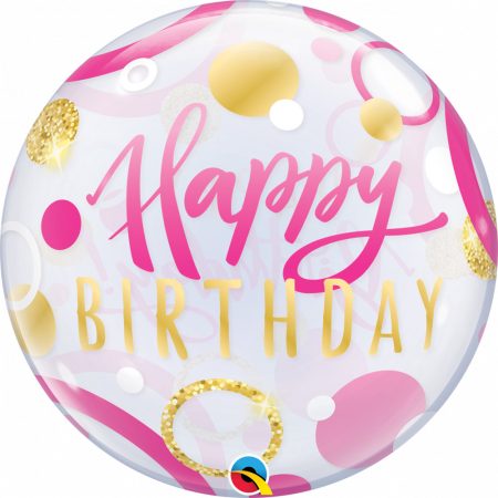 56 cm-es rózsaszín-arany pöttyös Happy Birthday Bubble lufi