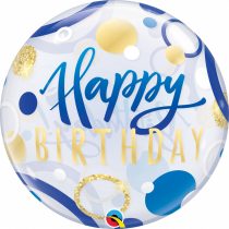 56 cm-es kék-arany pöttyös Happy Birthday Bubble lufi